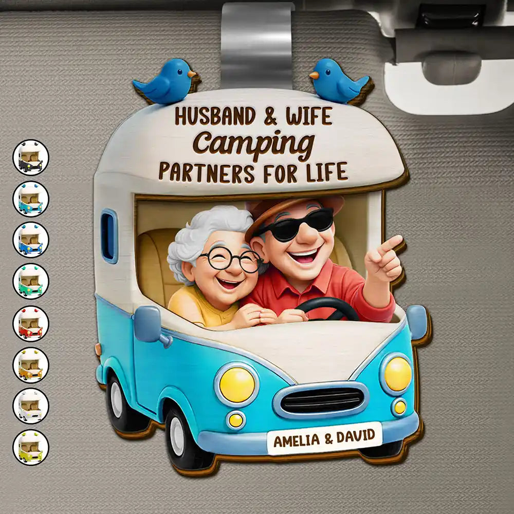 Old Couples,Gift For Wife,Gift For Husband,Camping,Happy - Old Couple Camping Partners For Life - Personalized Custom Shaped Car Visor Clip