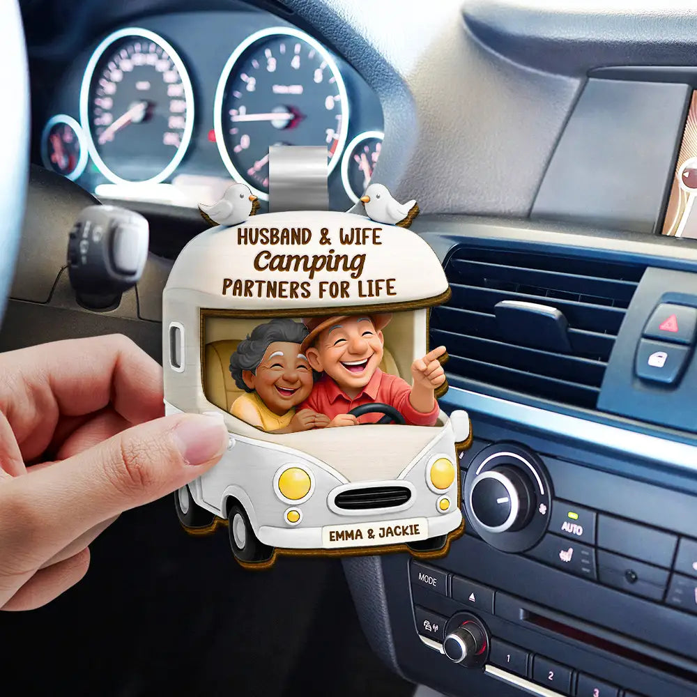 Old Couples,Gift For Wife,Gift For Husband,Camping,Happy - Old Couple Camping Partners For Life - Personalized Custom Shaped Car Visor Clip