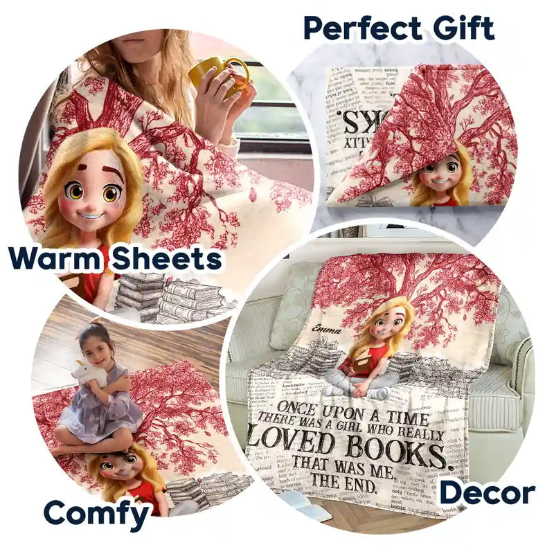 Reading,Gift For Yourself,Gift For Women,Happy - Once Upon A Time Reading Toile Background - Personalized Fleece Blanket, Sherpa Blanket