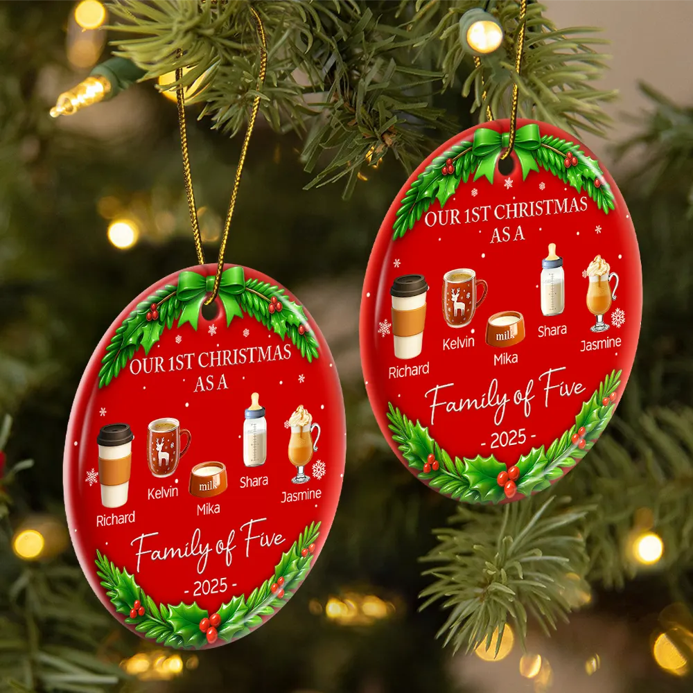 Family, Parents, Gift For Kids, Christmas, Happy - Our 1st Christmas As A Family Drinks - Personalized Circle Ceramic Ornament