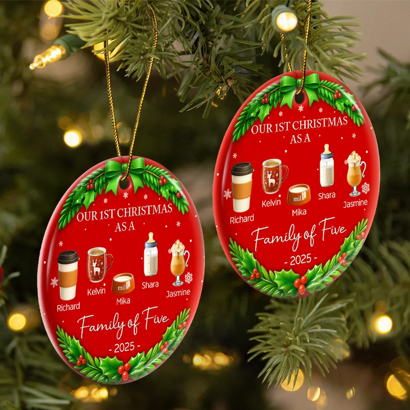 Family, Parents, Gift For Kids, Christmas, Happy - Our 1st Christmas As A Family Drinks - Personalized Circle Ceramic Ornament