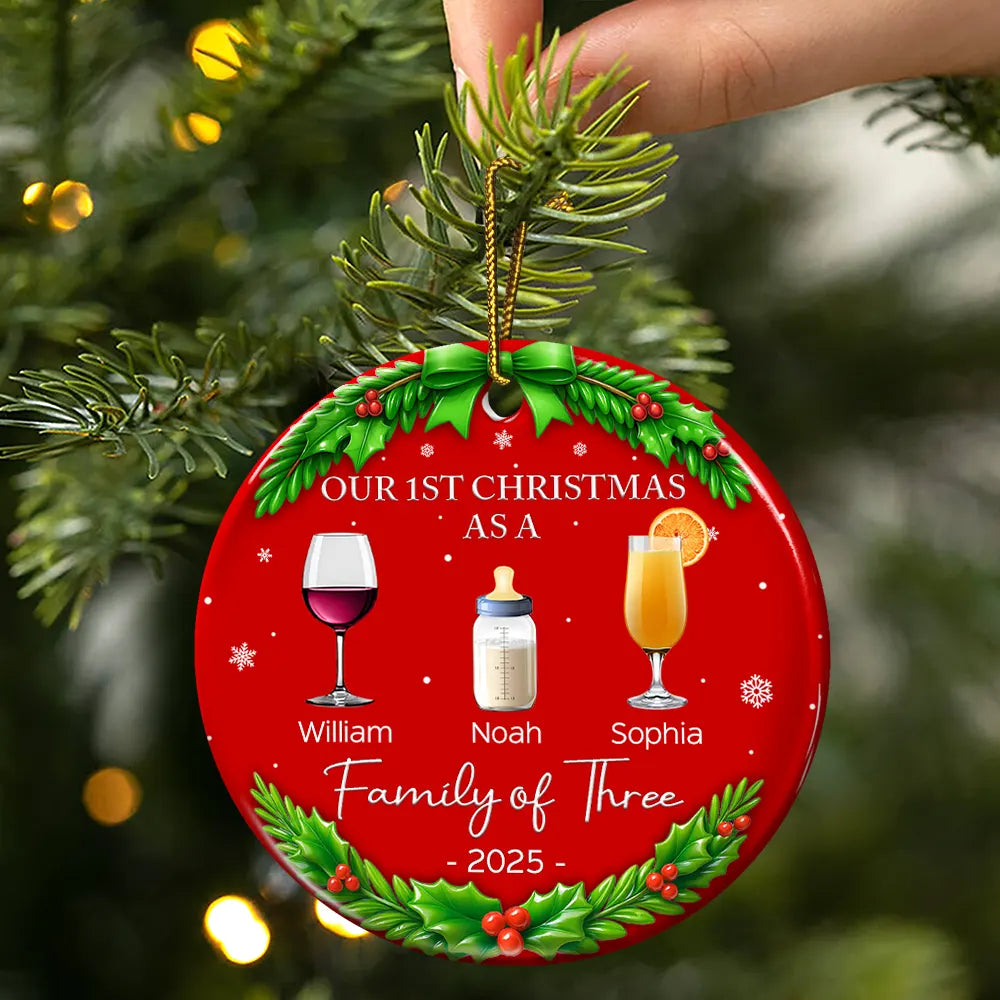 Family, Parents, Gift For Kids, Christmas, Happy - Our 1st Christmas As A Family Drinks - Personalized Circle Ceramic Ornament