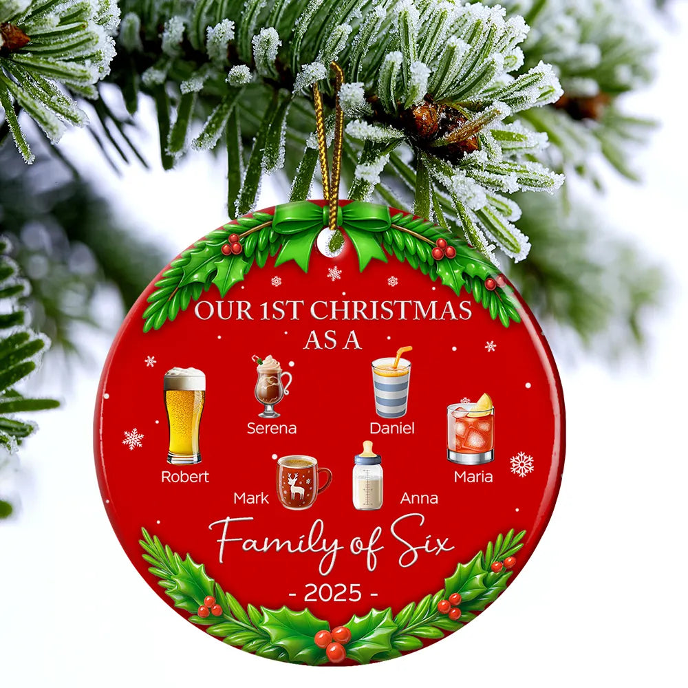Family, Parents, Gift For Kids, Christmas, Happy - Our 1st Christmas As A Family Drinks - Personalized Circle Ceramic Ornament