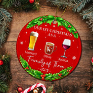 Family, Parents, Gift For Kids, Christmas, Happy - Our 1st Christmas As A Family Drinks - Personalized Circle Ceramic Ornament