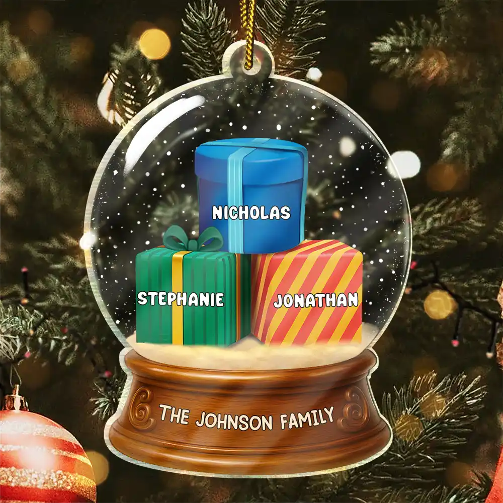 Happy,Family,Christmas - Our Family 3D Effect Pile Of Gilfs - Personalized Custom Shaped Acrylic Ornament