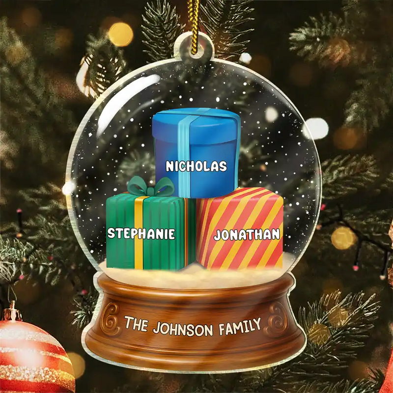 Happy,Family,Christmas - Our Family 3D Effect Pile Of Gilfs - Personalized Custom Shaped Acrylic Ornament