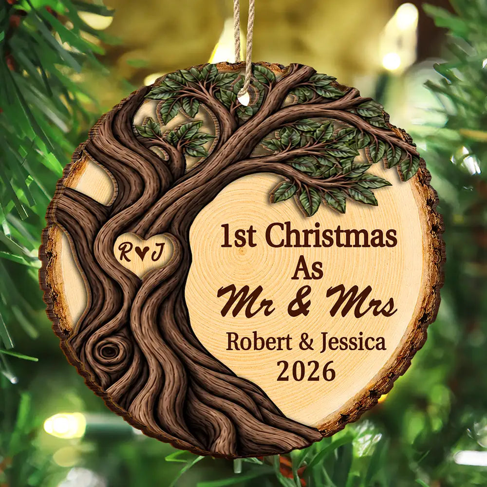 Top Market,Christmas,Married Couple,Romantic,Gift For Couples,Icon - Our First Christmas As Mr & Mrs Newly Wed Couple - Personalized 2-Layered Wooden Ornament