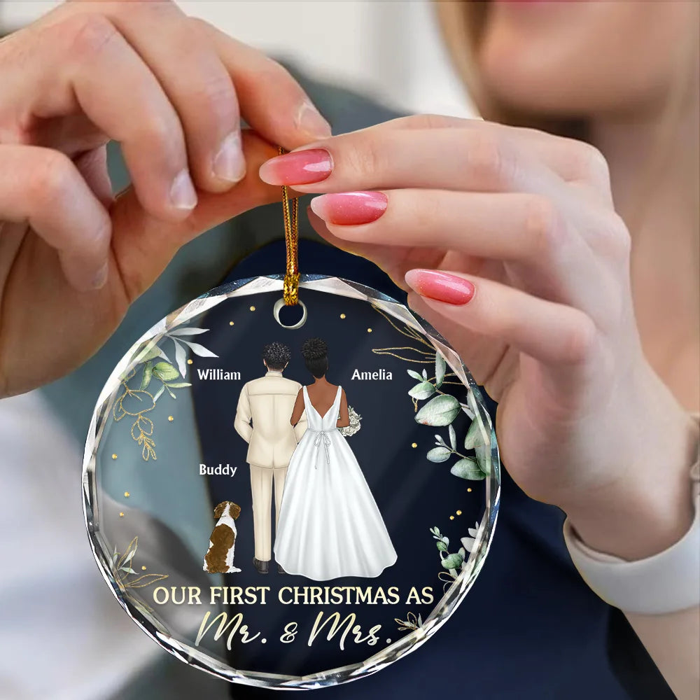 Love,Christmas,Gift For Couples,Wedding,Wedding Anniversary,Engaged,Married ,Pet Lovers,Pet Couple,Dog Lovers,Cat Lovers - Our First Christmas As Mr & Mrs Wedding Couple Pet - Personalized Circle Glass Ornament