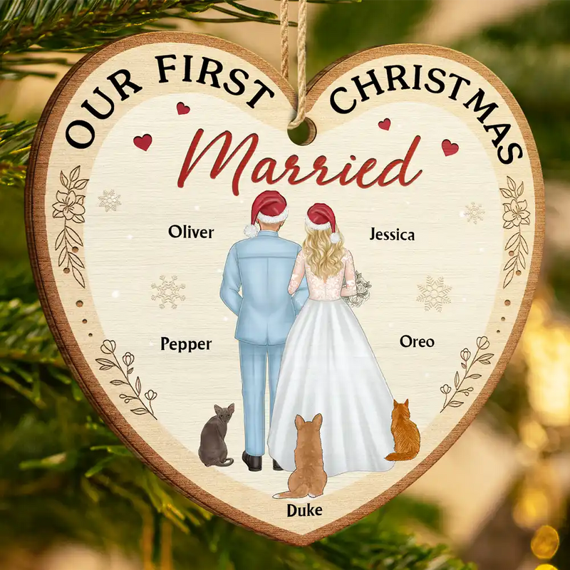 Love,Christmas,Gift For Couples,Wedding,Wedding Anniversary,Engaged,Married ,Pet Lovers,Pet Couple,Dog Lovers,Cat Lovers - Our First Christmas As Mr & Mrs Wedding Couple Pet - Personalized Custom Shaped Wooden Ornament