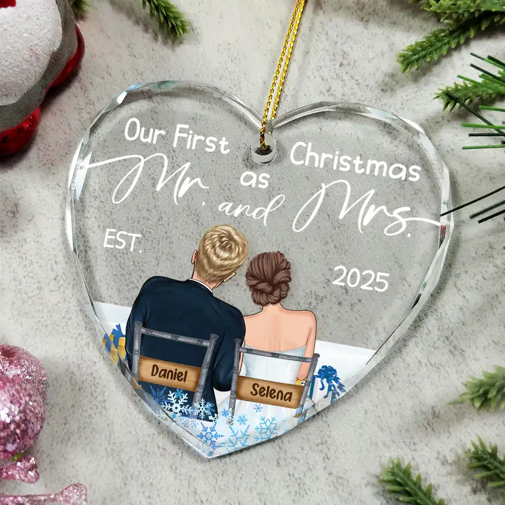 Gift For Couples - Our First Christmas Married Couples - Personalized Heart Shaped Glass Ornament