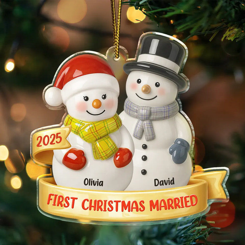 Gift For Couples,Old Couples,Gift For Women,Gift For Men,Gift For Husband,Gift For Wife,Love,Christmas,Gift For Boyfriend,Gift For Girlfriend - Our First Christmas Together Snowman Couple Ceramic Effect - Personalized Custom Shaped Acrylic Ornament