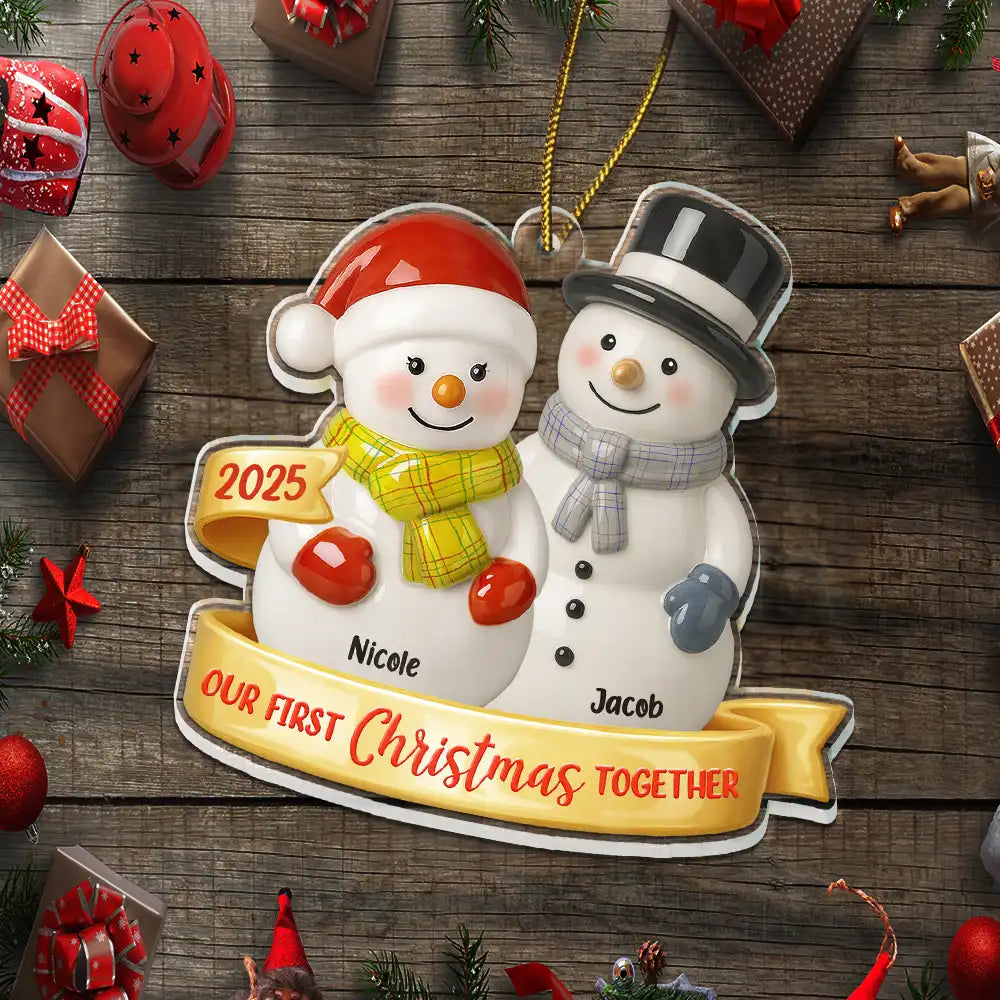 Gift For Couples,Old Couples,Gift For Women,Gift For Men,Gift For Husband,Gift For Wife,Love,Christmas,Gift For Boyfriend,Gift For Girlfriend - Our First Christmas Together Snowman Couple Ceramic Effect - Personalized Custom Shaped Acrylic Ornament