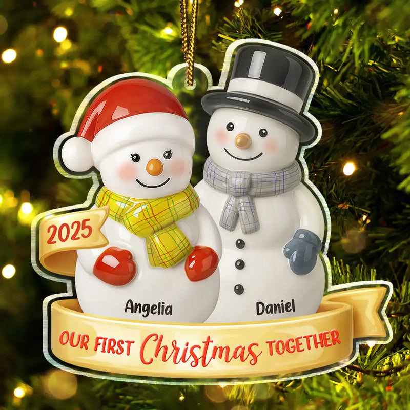 Gift For Couples,Old Couples,Gift For Women,Gift For Men,Gift For Husband,Gift For Wife,Love,Christmas,Gift For Boyfriend,Gift For Girlfriend - Our First Christmas Together Snowman Couple Ceramic Effect - Personalized Custom Shaped Acrylic Ornament