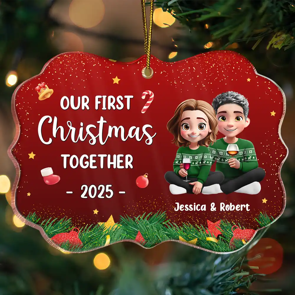Gift For Women,Gift For Men,Gift For Husband,Gift For Wife,Gift For Boyfriend,Gift For Girlfriend,Gift For Couples,Christmas,Love - Our First Christmas Together 3D Effect Couple Sitting - Personalized Medallion Acrylic Ornament