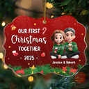Gift For Women,Gift For Men,Gift For Husband,Gift For Wife,Gift For Boyfriend,Gift For Girlfriend,Gift For Couples,Christmas,Love - Our First Christmas Together 3D Effect Couple Sitting - Personalized Medallion Acrylic Ornament