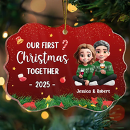 Gift For Women,Gift For Men,Gift For Husband,Gift For Wife,Gift For Boyfriend,Gift For Girlfriend,Gift For Couples,Christmas,Love - Our First Christmas Together 3D Effect Couple Sitting - Personalized Medallion Acrylic Ornament