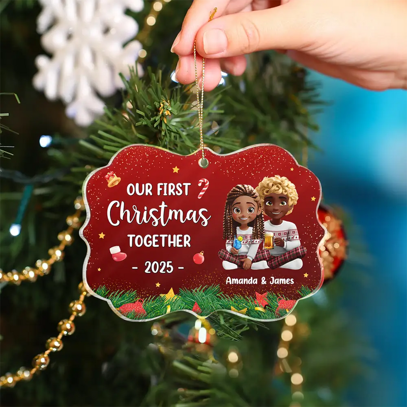 Gift For Women,Gift For Men,Gift For Husband,Gift For Wife,Gift For Boyfriend,Gift For Girlfriend,Gift For Couples,Christmas,Love - Our First Christmas Together 3D Effect Couple Sitting - Personalized Medallion Acrylic Ornament