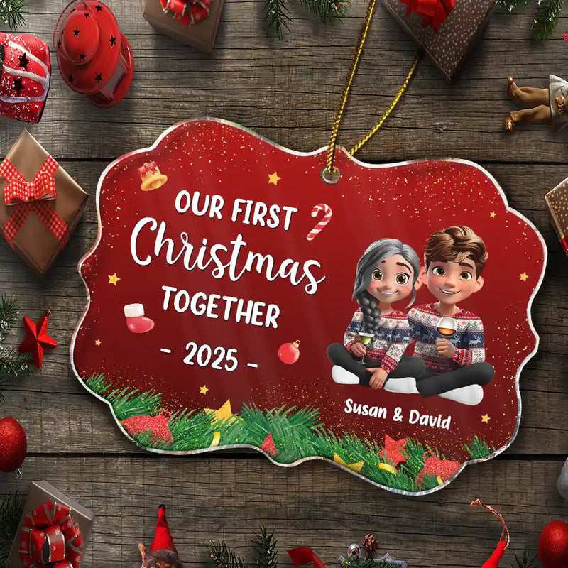 Gift For Women,Gift For Men,Gift For Husband,Gift For Wife,Gift For Boyfriend,Gift For Girlfriend,Gift For Couples,Christmas,Love - Our First Christmas Together 3D Effect Couple Sitting - Personalized Medallion Acrylic Ornament