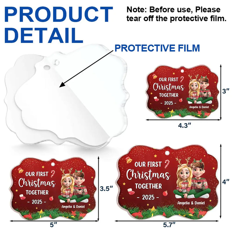 Gift For Women,Gift For Men,Gift For Husband,Gift For Wife,Gift For Boyfriend,Gift For Girlfriend,Gift For Couples,Christmas,Love - Our First Christmas Together 3D Effect Couple Sitting - Personalized Medallion Acrylic Ornament