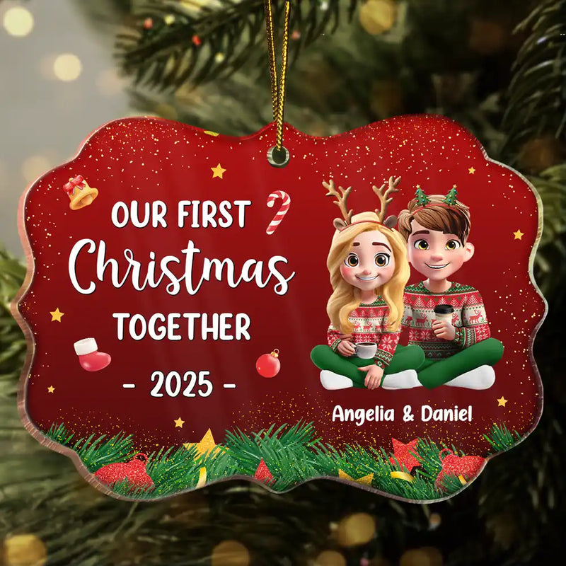 Gift For Women,Gift For Men,Gift For Husband,Gift For Wife,Gift For Boyfriend,Gift For Girlfriend,Gift For Couples,Christmas,Love - Our First Christmas Together 3D Effect Couple Sitting - Personalized Medallion Acrylic Ornament