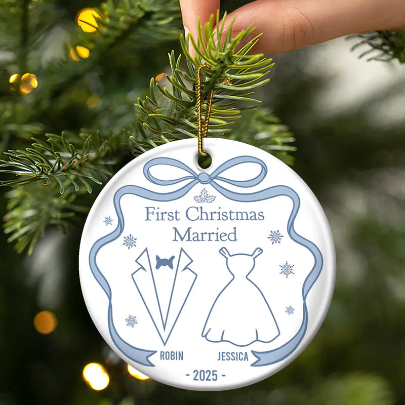 Christmas, Gift For Couples, Gift For Husband, Gift For Wife, Married, Engaged, Love - Our First Christmas Toile De Jouy - Personalized Circle Ceramic Ornament