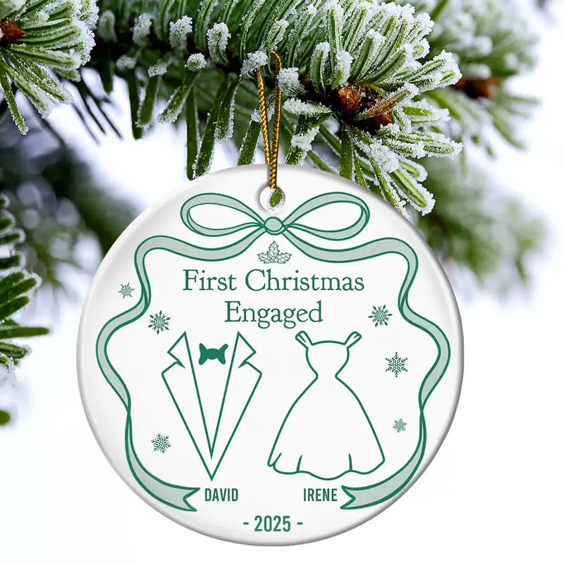 Christmas, Gift For Couples, Gift For Husband, Gift For Wife, Married, Engaged, Love - Our First Christmas Toile De Jouy - Personalized Circle Ceramic Ornament