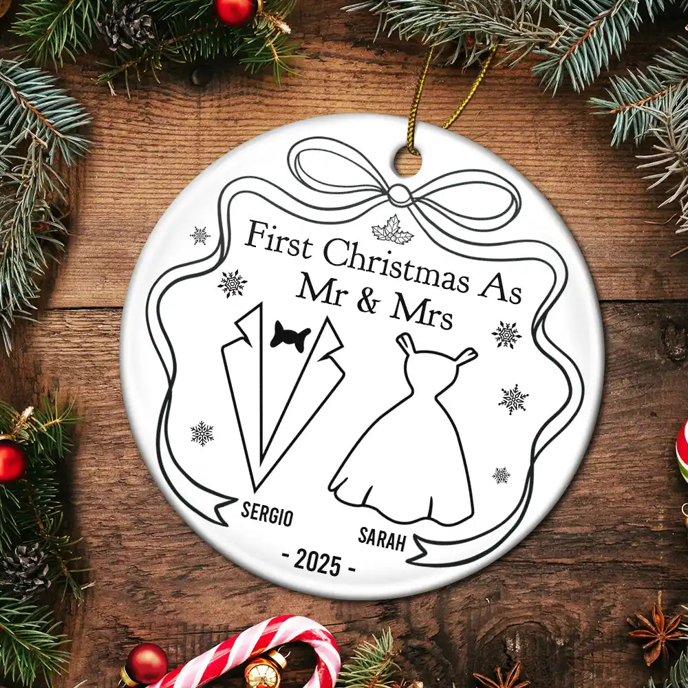 Christmas, Gift For Couples, Gift For Husband, Gift For Wife, Married, Engaged, Love - Our First Christmas Toile De Jouy - Personalized Circle Ceramic Ornament