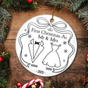 Christmas, Gift For Couples, Gift For Husband, Gift For Wife, Married, Engaged, Love - Our First Christmas Toile De Jouy - Personalized Circle Ceramic Ornament