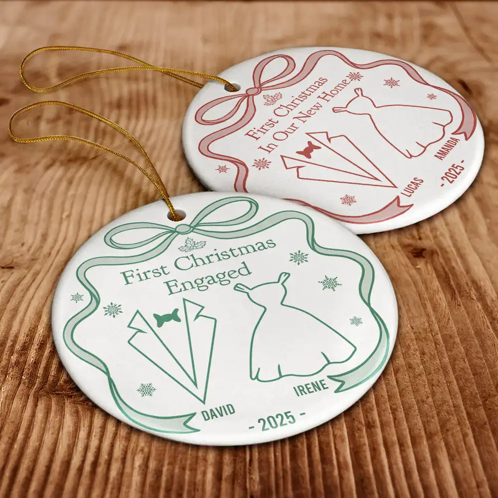 Christmas, Gift For Couples, Gift For Husband, Gift For Wife, Married, Engaged, Love - Our First Christmas Toile De Jouy - Personalized Circle Ceramic Ornament