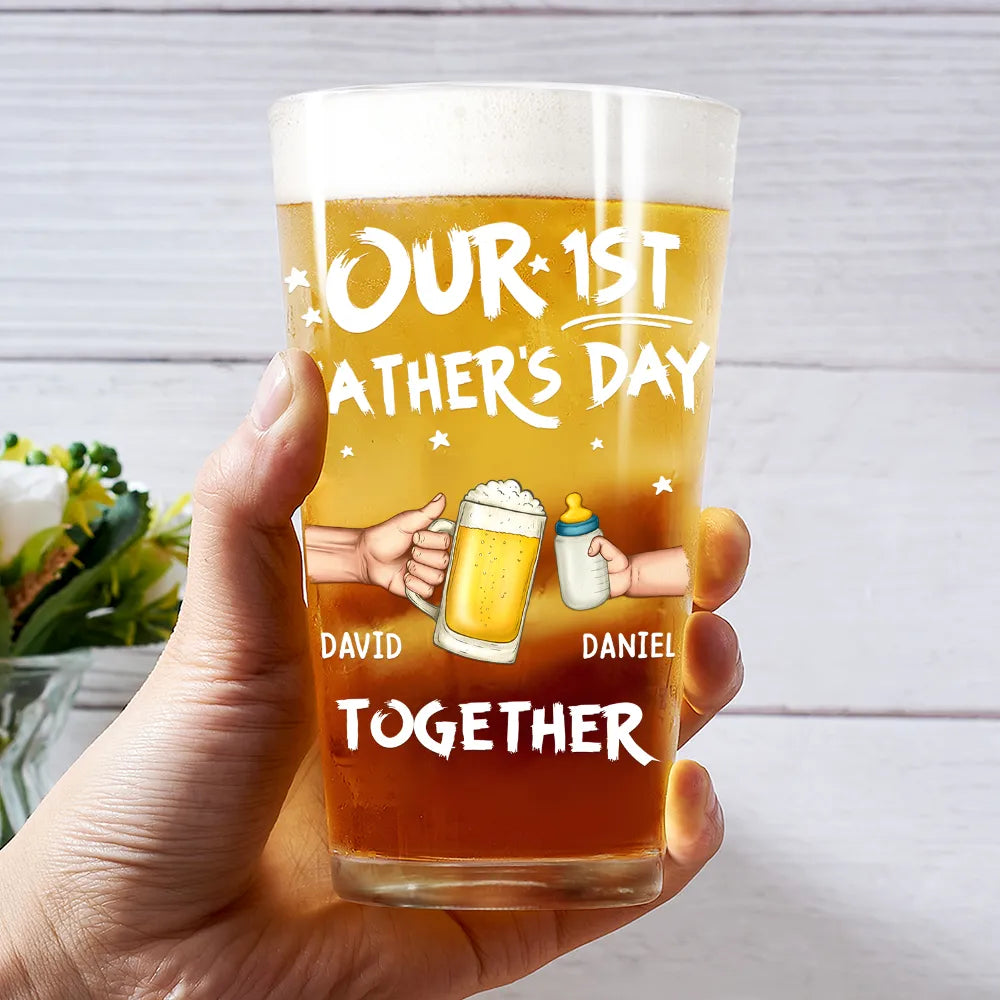 Gift For Husband,Gift For Yourself,Gift For Men,Parents,Gift For Father,New Dad,New baby,Happy,Summer,Vector - Our First Father's Day Together - Personalized Beer Glass