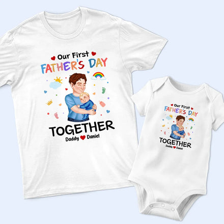 First Father's Day Together - Personalized Combo T Shirt And Baby Onesie