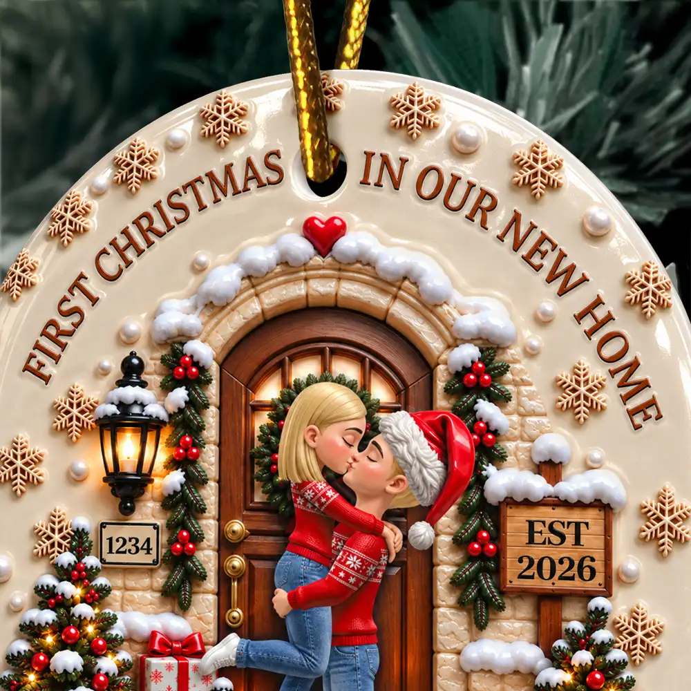 Christmas,Romantic,Gift For Couples,Vector - Our First Home - Personalized 3D Embossed Circle Ceramic Ornament