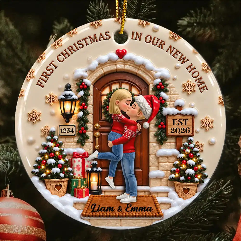 Christmas,Romantic,Gift For Couples,Vector - Our First Home - Personalized 3D Embossed Circle Ceramic Ornament