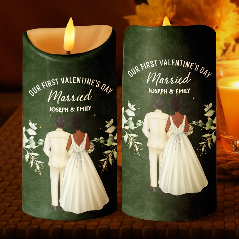 Gift For Couples, Love - Our First Valentine As Mr & Mrs Wedding Couple Pet - Personalized Flameless LED Candle