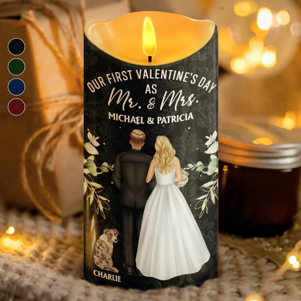 Our First Valentine As Mr & Mrs Wedding Couple Pet - Personalized Flameless LED Candle