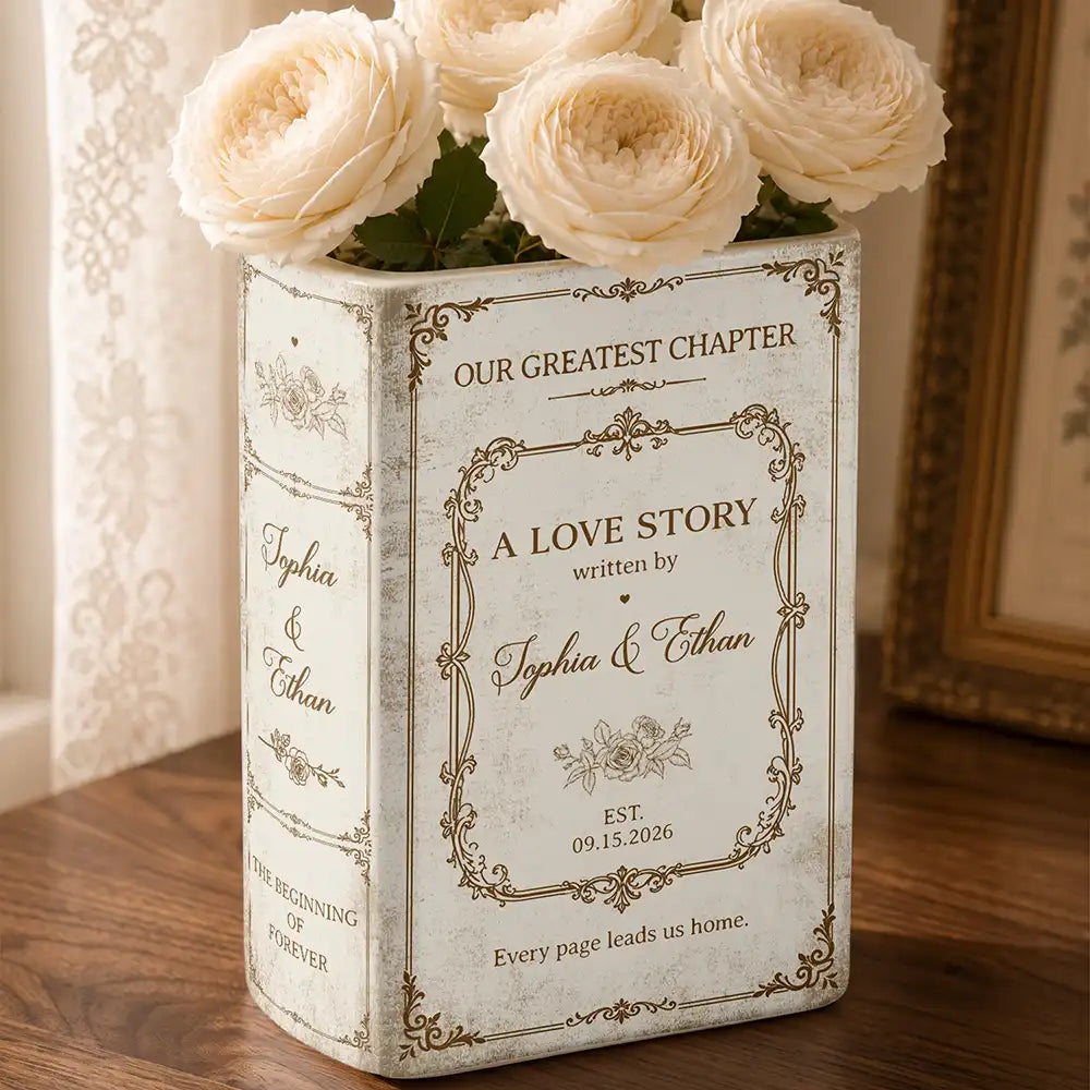 Top Market,Wedding Anniversary,Romantic,Gift For Couples,Custom Text - Our Greatest Chapter Couple - Personalized Ceramic Book Vase