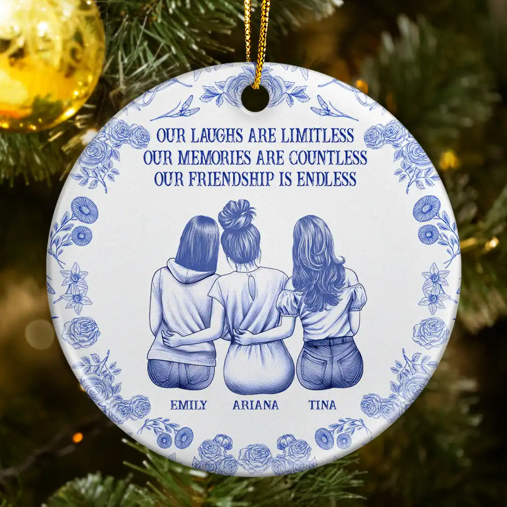 Gift For Bestie,Old Best friends,Happy,Christmas - Our Laugh Are Limitless Toile De Jouy Pattern - Personalized Circle Ceramic Ornament