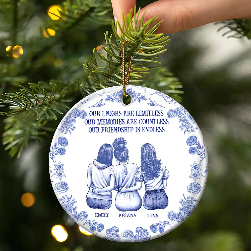 Gift For Bestie,Old Best friends,Happy,Christmas - Our Laugh Are Limitless Toile De Jouy Pattern - Personalized Circle Ceramic Ornament