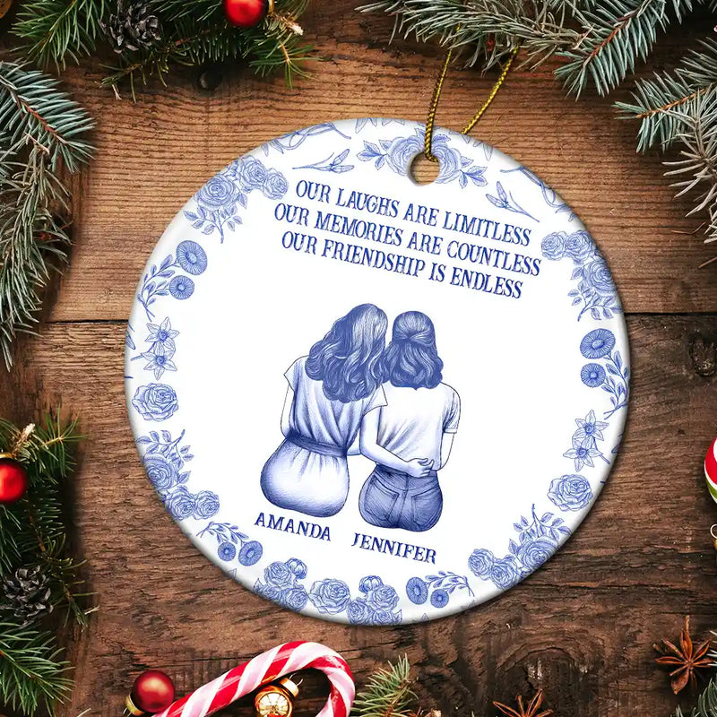 Gift For Bestie,Old Best friends,Happy,Christmas - Our Laugh Are Limitless Toile De Jouy Pattern - Personalized Circle Ceramic Ornament