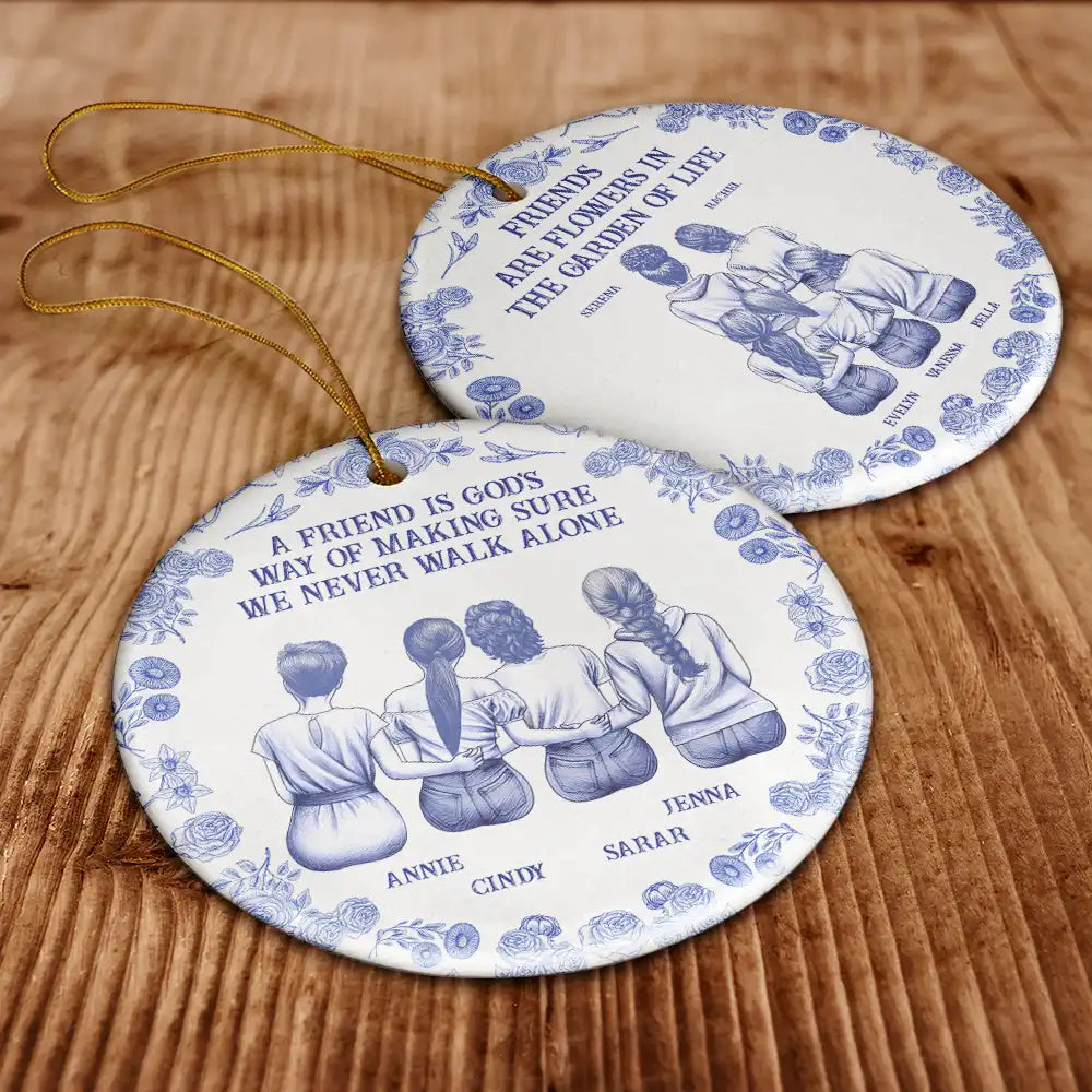 Gift For Bestie,Old Best friends,Happy,Christmas - Our Laugh Are Limitless Toile De Jouy Pattern - Personalized Circle Ceramic Ornament