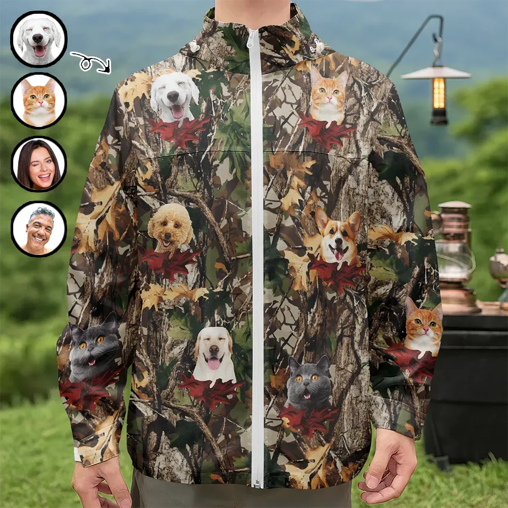 Custom Photo Funny Family Pet Face Hunting Fishing Outdoor Pattern - Personalized Rain Jacket