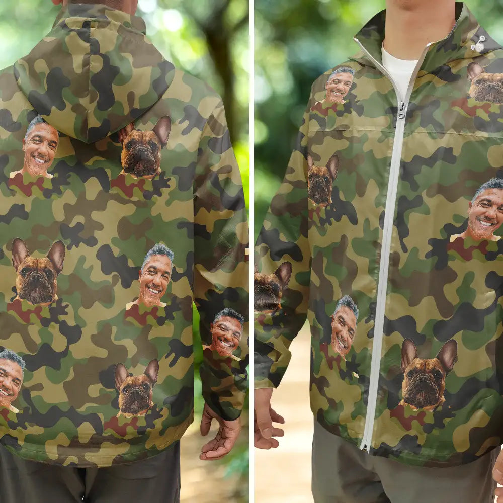 Gift For Men, Hunting, Fishing, Happy - Custom Photo Funny Family Pet Face Hunting Fishing Outdoor Pattern - Personalized Rain Jacket