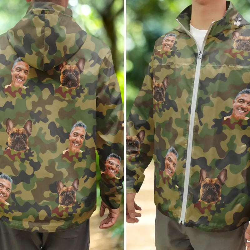 Gift For Men, Hunting, Fishing, Happy - Custom Photo Funny Family Pet Face Hunting Fishing Outdoor Pattern - Personalized Rain Jacket