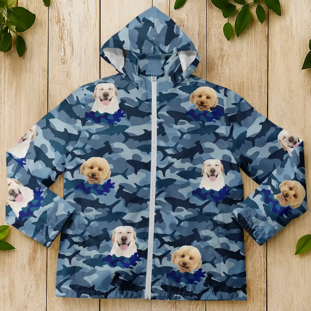 Gift For Men, Hunting, Fishing, Happy - Custom Photo Funny Family Pet Face Hunting Fishing Outdoor Pattern - Personalized Rain Jacket