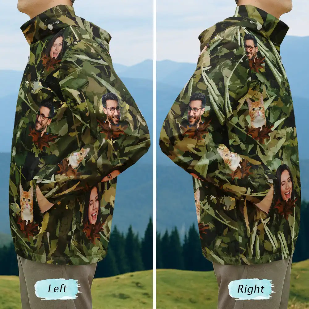 Gift For Men, Hunting, Fishing, Happy - Custom Photo Funny Family Pet Face Hunting Fishing Outdoor Pattern - Personalized Rain Jacket