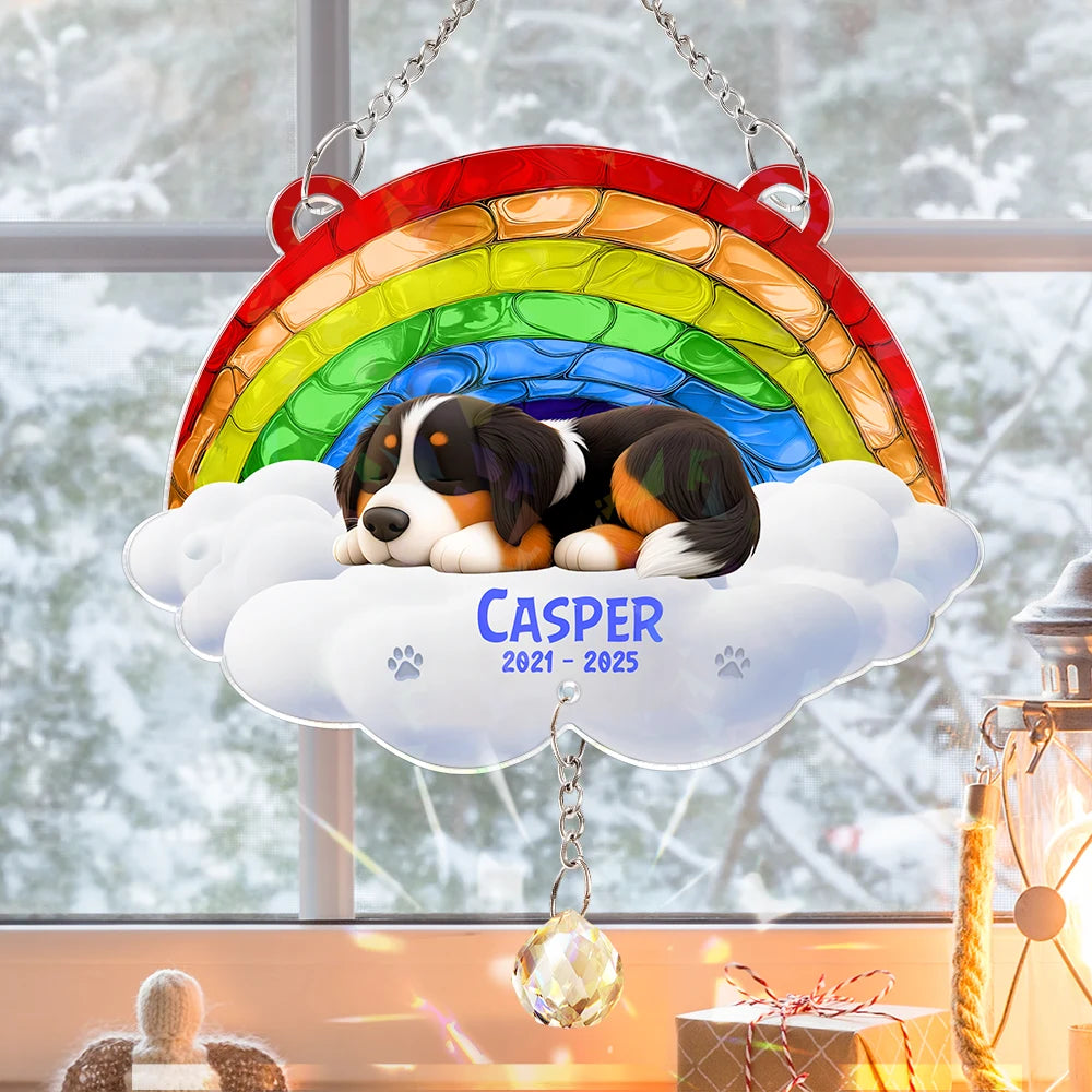 Memorial,Dog Lovers - Over The Rainbow Bridge - Personalized Rainbow Suncatcher With Crystal Ball Prism