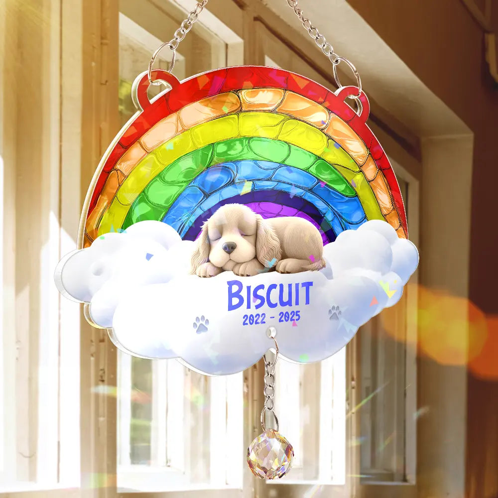 Memorial,Dog Lovers - Over The Rainbow Bridge - Personalized Rainbow Suncatcher With Crystal Ball Prism