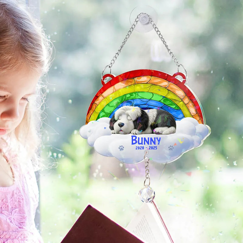Memorial,Dog Lovers - Over The Rainbow Bridge - Personalized Rainbow Suncatcher With Crystal Ball Prism
