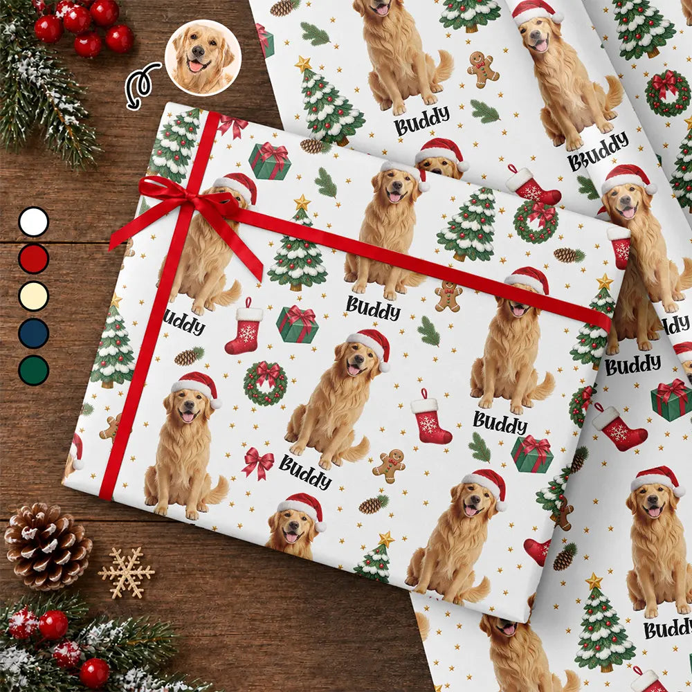 Art Design, Christmas, Custom Photo, Gift For Mother, Gifts For Her, Happy, Pet Lovers, Pet Mom, Photo - Christmas Accessories 3D Cartoon Pet - Christmas Gift For Pet Mom - Personalized Custom Photo Pet Name Festive Pattern Wrapping Paper