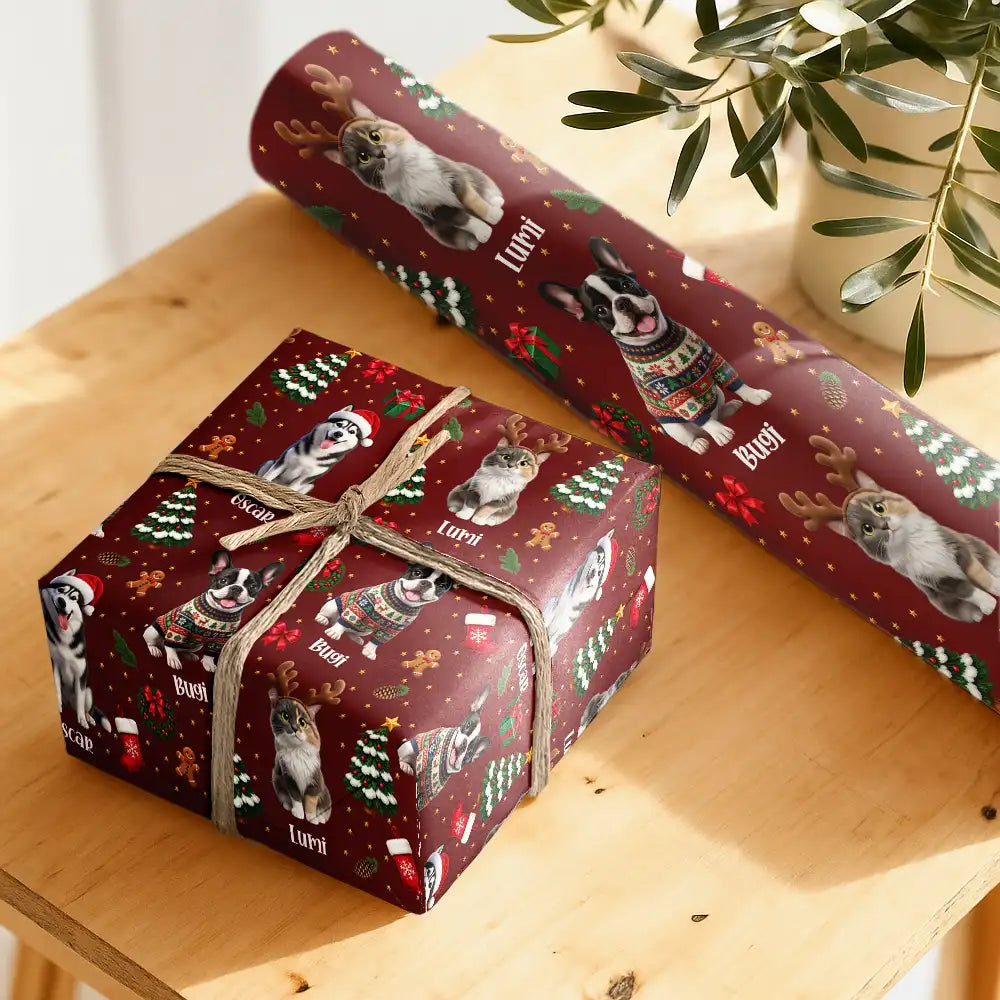 Art Design, Christmas, Custom Photo, Gift For Mother, Gifts For Her, Happy, Pet Lovers, Pet Mom, Photo - Christmas Accessories 3D Cartoon Pet - Christmas Gift For Pet Mom - Personalized Custom Photo Pet Name Festive Pattern Wrapping Paper
